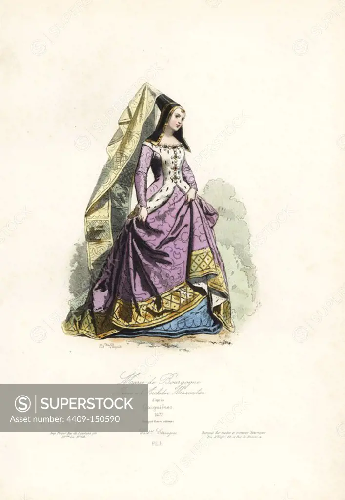 Marie de Bourgogne, wife to Archduc Maximilien, after Roger de Gaignieres, 1477. Handcoloured steel engraving by Polydor Pauquet from the Pauquet Brothers' "Modes et Costumes Etrangers Anciens et Modernes" (Foreign Fashions and Costumes Ancient and Modern), Paris, 1865. Hippolyte (b. 1797) and Polydor Pauquet (b. 1799) ran a successful publishing house in Paris in the 19th century, specializing in illustrated books on costume, birds, butterflies, anatomy and natural history.