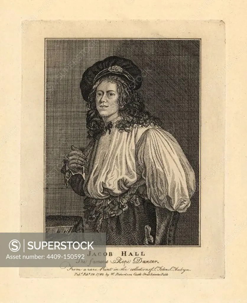 Jacob Hall, the famous Restoration rope dancer. From a scarce print in the collection of Sir John St. Aubyn. Copperplate engraving from Richardson's "Portraits illustrating Granger's Biographical History of England," London, 17921812. Published by William Richardson, printseller, London. James Granger (17231776) was an English clergyman, biographer, and print collector.