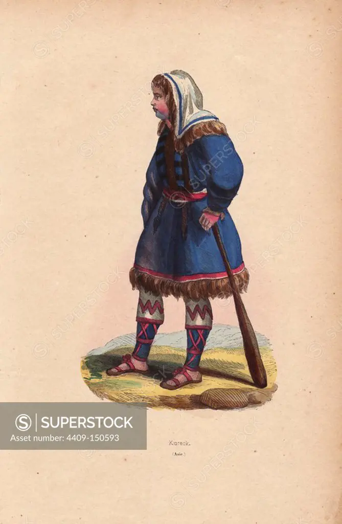 Koryak man in fur-lined hat and coat, over trousers and laced stockings, holding a cudgel. Handcoloured woodcut by Doms from Auguste Wahlen's "Moeurs, Usages et Costumes de tous les Peuples du Monde," Librairie Historique-Artistique, Brussels, 1845. Wahlen was the pseudonym of Jean-Francois-Nicolas Loumyer (1801-1875), a writer and archivist with the Heraldic Department of Belgium.