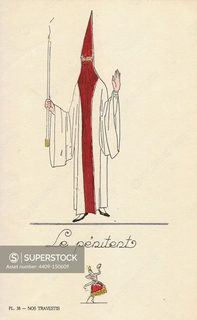 Woman in fancy dress costume as a penitent, in hooded robe in white and crimson holding a tall candle. Lithograph by unknown artist with pochoir stencil handcolouring from "Nos Travestis" (Our Fancy Dress Costumes), Paris, 1928.