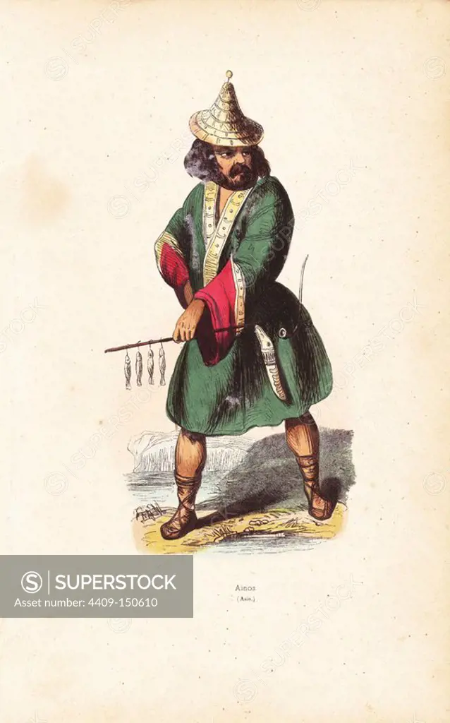 Ainu man, north Japan, wearing hat and decorated robe with laced shoes, fishing with a rod. A knife and tobacco pipe hang from his belt. Handcoloured woodcut by F. Pannemaker from Auguste Wahlen's "Moeurs, Usages et Costumes de tous les Peuples du Monde," Librairie Historique-Artistique, Brussels, 1845. Wahlen was the pseudonym of Jean-Francois-Nicolas Loumyer (1801-1875), a writer and archivist with the Heraldic Department of Belgium.