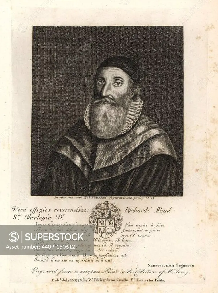 Richard Lloyd, Vicar of Sunnig, father of Bishop Lloyd. From a rare print by Robert Vaughan. Copperplate engraving from Richardson's "Portraits illustrating Granger's Biographical History of England," London, 17921812. Published by William Richardson, printseller, London. James Granger (17231776) was an English clergyman, biographer, and print collector.