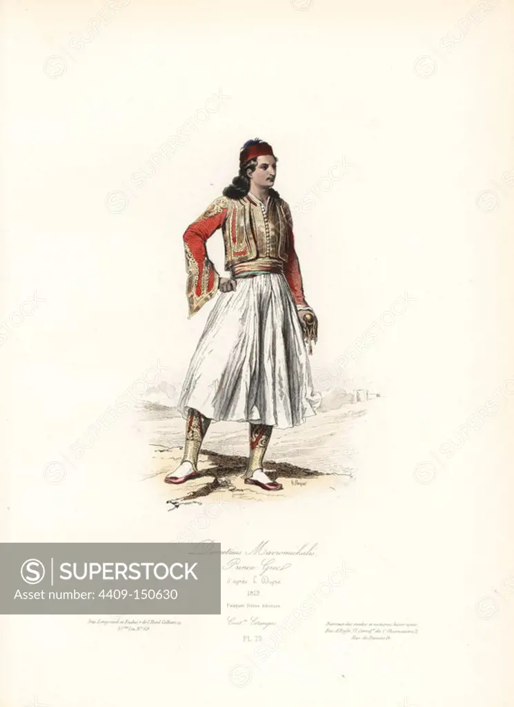 Demetrius Mavromichalis, Greek Prince, 1819, after L. Dupre. Handcoloured steel engraving by Hippolyte Pauquet from the Pauquet Brothers' "Modes et Costumes Etrangers Anciens et Modernes" (Foreign Fashions and Costumes Ancient and Modern), Paris, 1865. Hippolyte (b. 1797) and Polydor Pauquet (b. 1799) ran a successful publishing house in Paris in the 19th century, specializing in illustrated books on costume, birds, butterflies, anatomy and natural history.