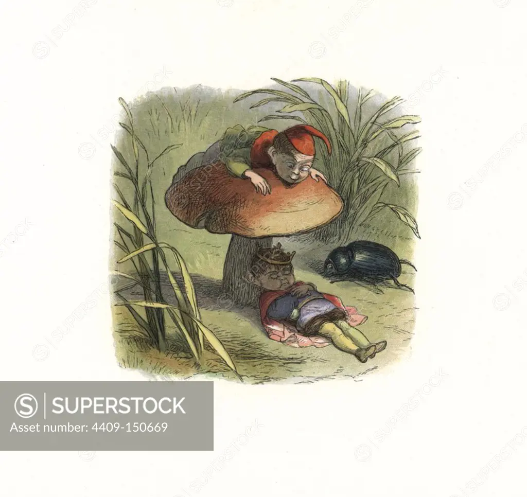 Elf king asleep under a toadstool, attended by an elf and beetle. Handcoloured woodblock print by Edmund Evans after an illustration by Richard Doyle from In Fairyland, a series of Pictures from the Elf World, Longman, London, 1870.
