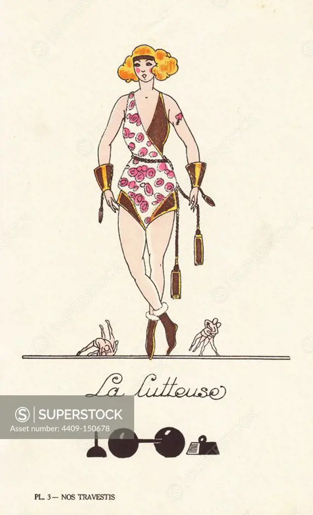 The wrestler (la lutteuse) in costume with tassles and wrist bands. Lithograph by unknown artist with pochoir (stencil) handcolouring from "Nos Travestis" (Our Fancy Dress Costumes), Paris, 1928.