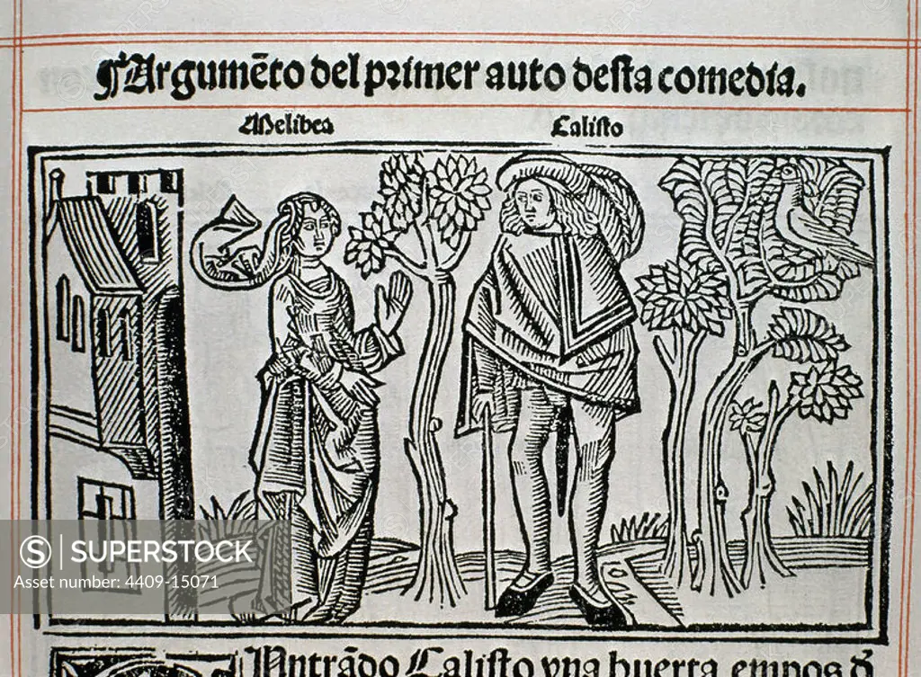 GRABADO DE LA CELESTINA IMPRESO EN BURGOS EN 1499. Author: ROJAS FERNANDO DE. Location: BIBLIOTECA NACIONAL-COLECCION. MADRID. SPAIN. NYMPH CALLISTO. MELIBEA.