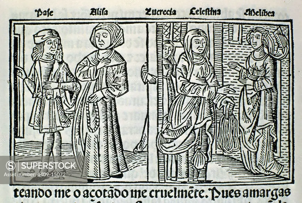 GRABADO DE LA CELESTINA IMPRESO EN BURGOS EN 1499. Author: ROJAS FERNANDO DE. Location: BIBLIOTECA NACIONAL-COLECCION. MADRID. SPAIN. CELESTINA LA. MELIBEA.