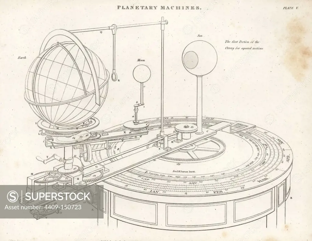 Orrery built by British astronomer William Pearson. Copperplate engraving by Wilson Lowry after a drawing by J. Farey Jr. from Abraham Rees' Cyclopedia or Universal Dictionary of Arts, Sciences and Literature, Longman, Hurst, Rees, Orme and Brown, London, 1820.
