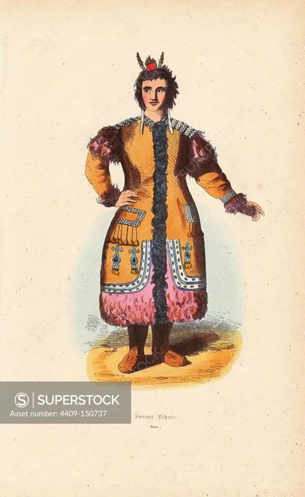 Yakut woman wearing earrings, fur-lined coat decorated with beads. Handcoloured woodcut by A. Vangauberche from Auguste Wahlen's "Moeurs, Usages et Costumes de tous les Peuples du Monde," Librairie Historique-Artistique, Brussels, 1845. Wahlen was the pseudonym of Jean-Francois-Nicolas Loumyer (1801-1875), a writer and archivist with the Heraldic Department of Belgium.