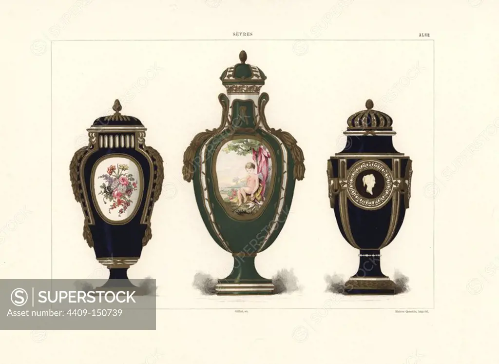 Vase with botanical panel, vase with whorls (lacets) and painted cupid panel, and vase with four cameo-style medallions. Chromolithograph by Gillot of an illustration by Edouard Garnier from The Soft Paste Porcelain of Sevres, Maison Quantin, Paris, 1891.