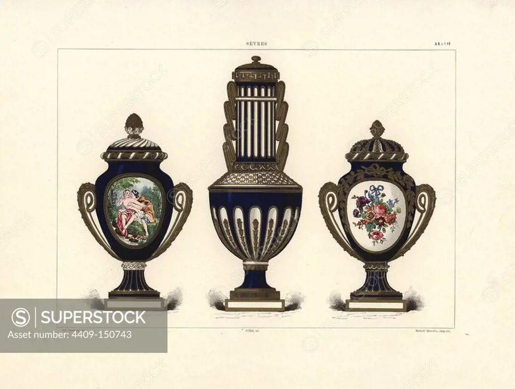 Oval vase with erotic scene (cartel), vase with cylindrical fluted column, and oval vase with pearl lid and botanical panel. Chromolithograph by Gillot of an illustration by Edouard Garnier from The Soft Paste Porcelain of Sevres, Maison Quantin, Paris, 1891.