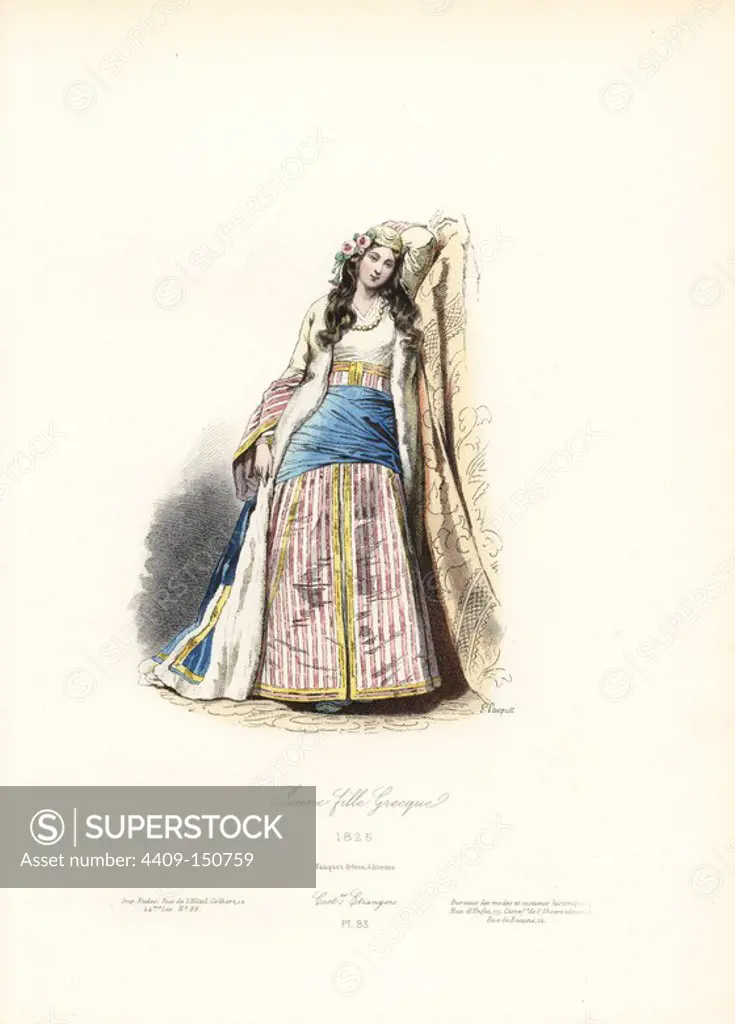 Greek girl, 1825. Handcoloured steel engraving by Polydor Pauquet from the Pauquet Brothers' "Modes et Costumes Etrangers Anciens et Modernes" (Foreign Fashions and Costumes Ancient and Modern), Paris, 1865. Hippolyte (b. 1797) and Polydor Pauquet (b. 1799) ran a successful publishing house in Paris in the 19th century, specializing in illustrated books on costume, birds, butterflies, anatomy and natural history.