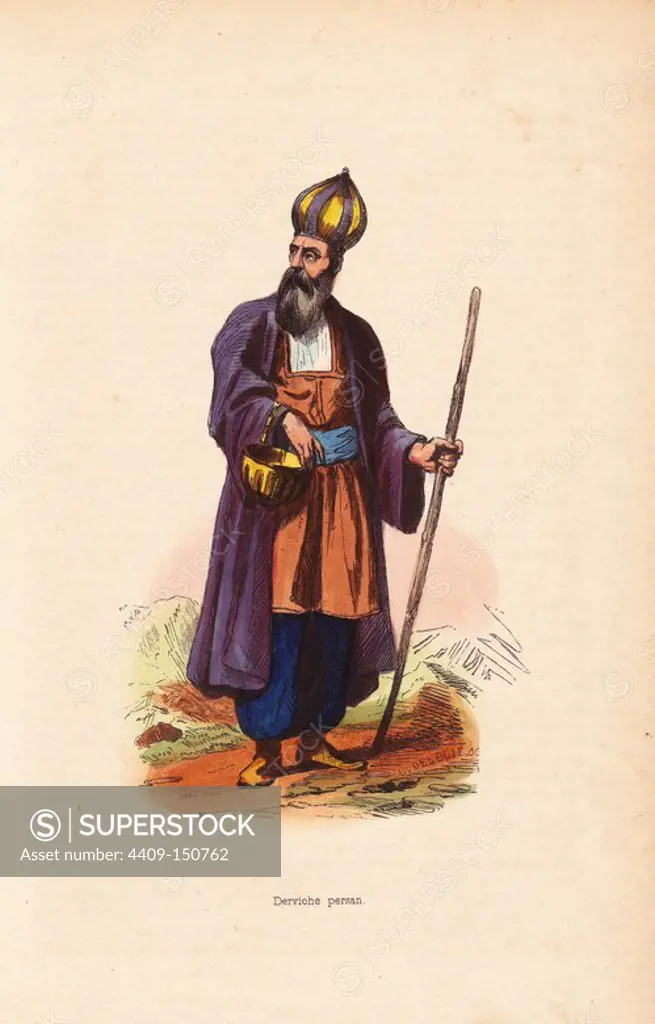 Dervish man from Persia (Iran) wearing onion-shaped hat, cloak over robes, carrying a begging bowl and staff. Handcoloured woodcut by L. Delelie after an illustration by H. Hendrickx from Auguste Wahlen's "Moeurs, Usages et Costumes de tous les Peuples du Monde," Librairie Historique-Artistique, Brussels, 1845. Wahlen was the pseudonym of Jean-Francois-Nicolas Loumyer (1801-1875), a writer and archivist with the Heraldic Department of Belgium.