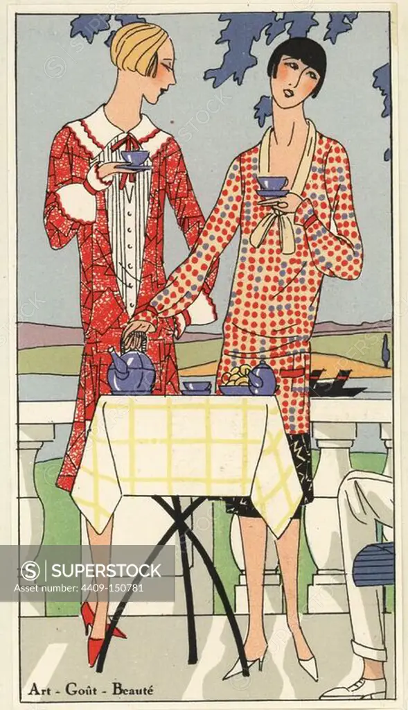 Women having tea on a terrace, 1920s. One woman wears a summer dress of printed crepe de chine, and the other an afternoon dress of printed crepe de chine. Lithograph with pochoir (stencil) handcolour from the luxury French fashion magazine "Art, Gout, Beaute," 1926.