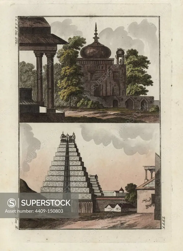 Indian tomb with dome and Indian stepped pagoda. Handcoloured copperplate engraving from Robert von Spalart's "Historical Picture of the Costumes of the Principal People of Antiquity and of the Middle Ages," Chez Collignon, Metz, 1810.