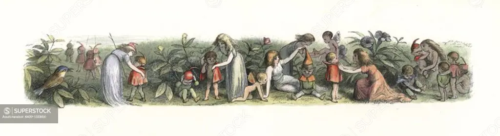 Fairies dressing baby-elves in capes and hats. Handcoloured woodblock print by Edmund Evans after an illustration by Richard Doyle from In Fairyland, a series of Pictures from the Elf World, Longman, London, 1870.