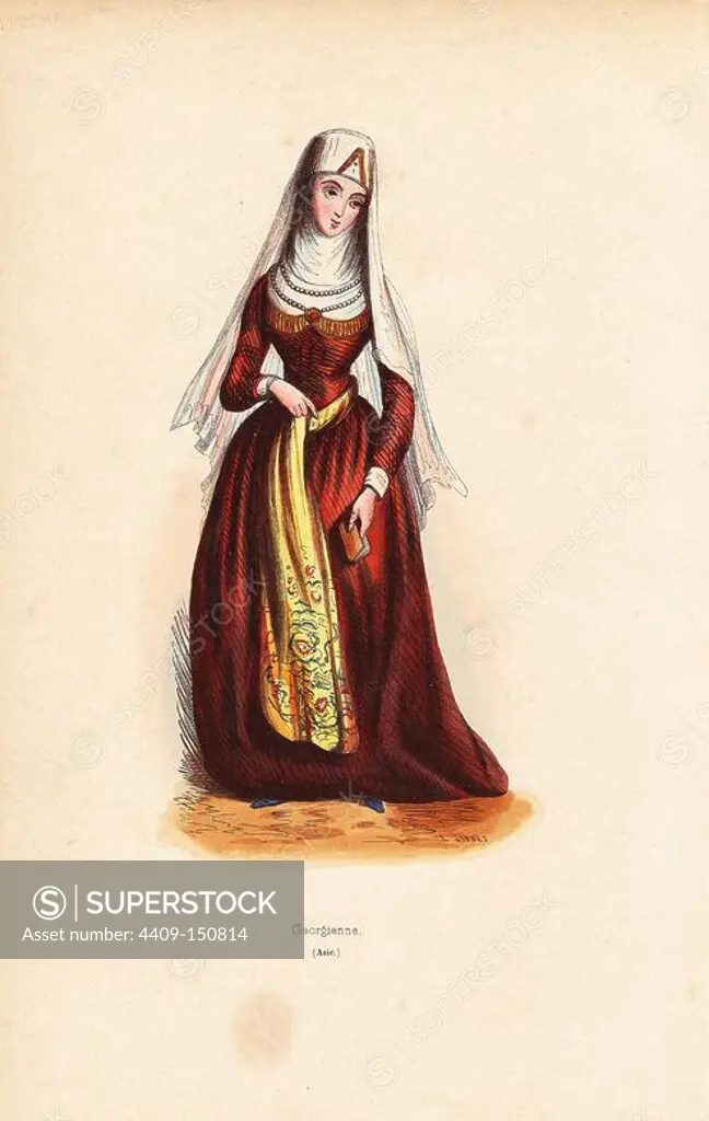 Georgian woman wearing headdress with veil, necklace of pearls, long dress with embroidered sash belt, holding a miniature book. Handcoloured woodcut by L. Lisbet from Auguste Wahlen's "Moeurs, Usages et Costumes de tous les Peuples du Monde," Librairie Historique-Artistique, Brussels, 1845. Wahlen was the pseudonym of Jean-Francois-Nicolas Loumyer (1801-1875), a writer and archivist with the Heraldic Department of Belgium.