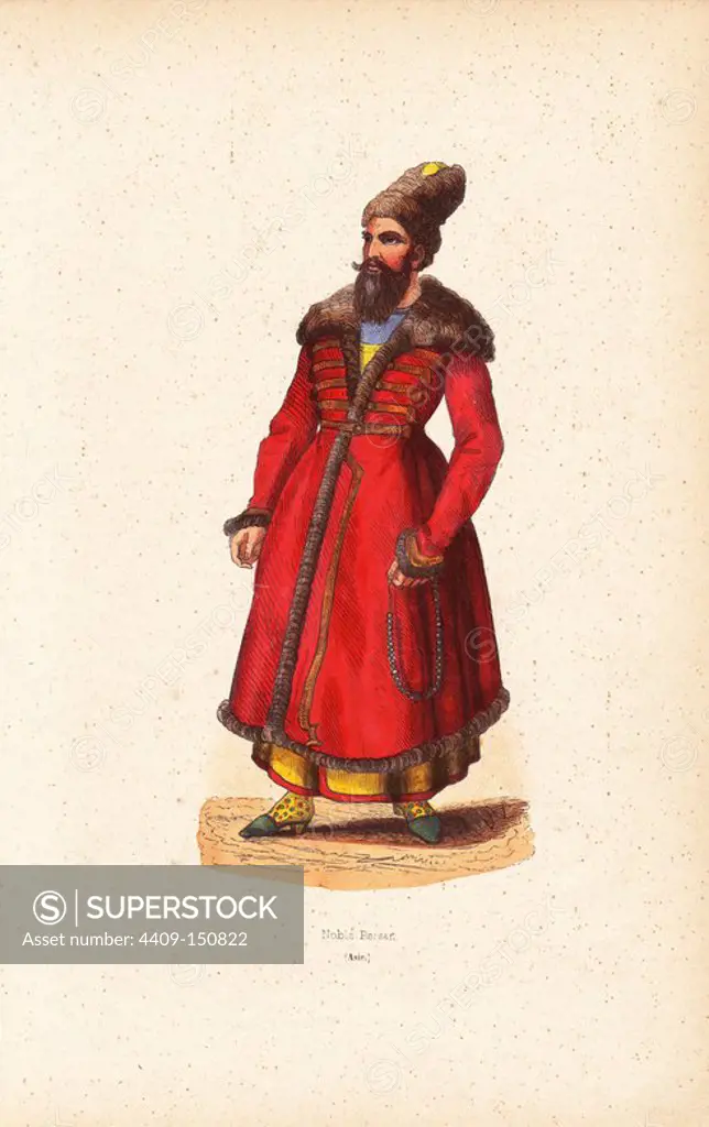 Persian nobleman in fur hat, fur-lined coat with frogging, stockings and heeled slippers, carrying prayer beads. Handcoloured woodcut from Auguste Wahlen's "Moeurs, Usages et Costumes de tous les Peuples du Monde," Librairie Historique-Artistique, Brussels, 1845. Wahlen was the pseudonym of Jean-Francois-Nicolas Loumyer (1801-1875), a writer and archivist with the Heraldic Department of Belgium.