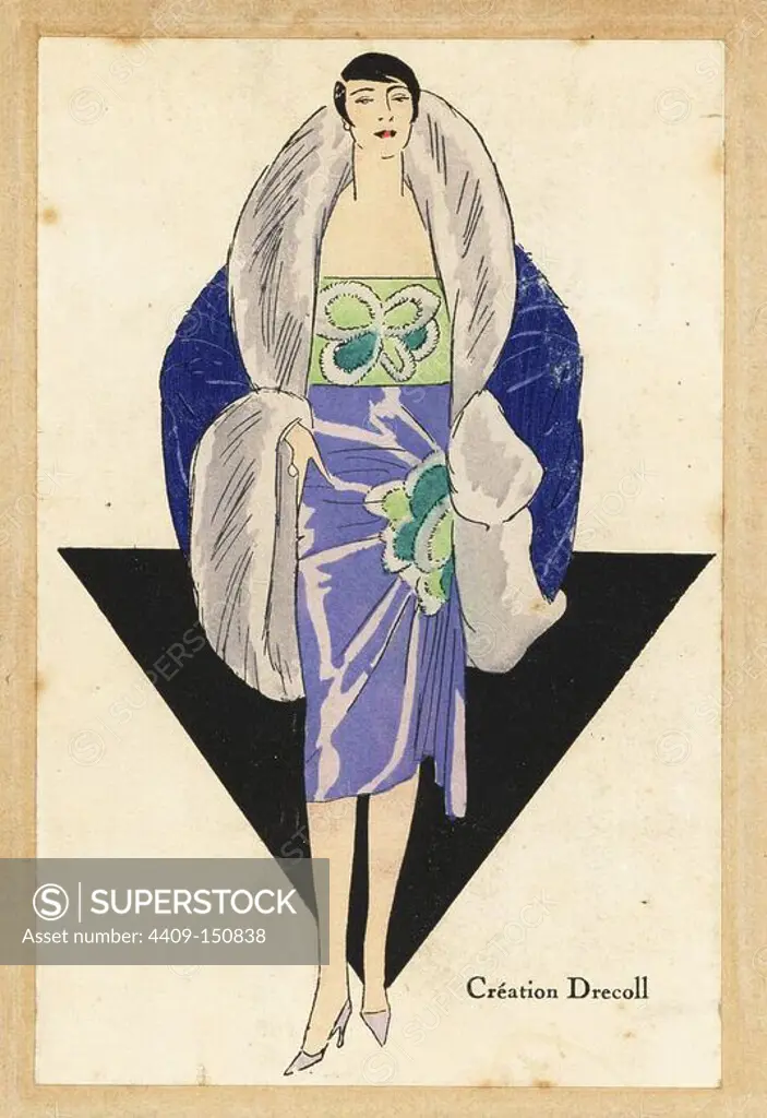 Woman in silk wrap dress and fur coat from Creation Drecoll. Lithograph with pochoir (stencil) handcolour from the luxury French fashion magazine "Art, Gout, Beaute," 1926.
