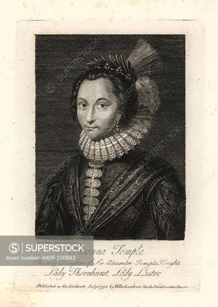 Susanna Temple, Lady Lister, Lady Thornhurst. Only daughter of Sir Alexander Temple, Knight. From a scarce print by R. White after a portrait by Cornelius Janssen 1626. Copperplate engraving from Richardson's "Portraits illustrating Granger's Biographical History of England," London, 17921812. Published by William Richardson, printseller, London. James Granger (17231776) was an English clergyman, biographer, and print collector.
