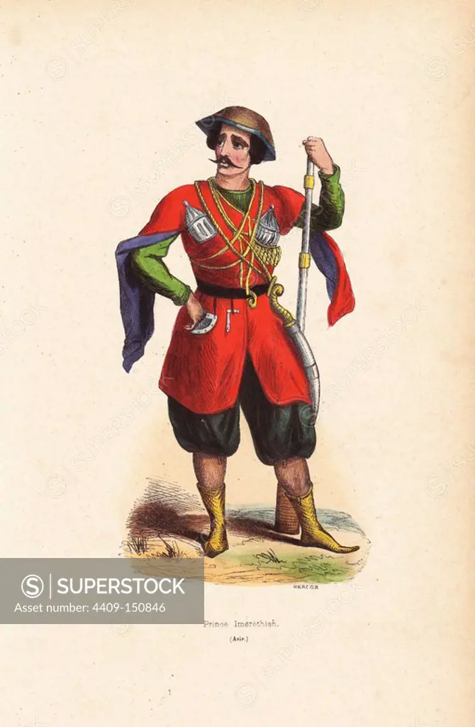 Prince of Imereti, Georgia, wearing helmet, tunic with frogging, pantaloons and boots, with musket and scimitar. Handcoloured woodcut by Mercier from Auguste Wahlen's "Moeurs, Usages et Costumes de tous les Peuples du Monde," Librairie Historique-Artistique, Brussels, 1845. Wahlen was the pseudonym of Jean-Francois-Nicolas Loumyer (1801-1875), a writer and archivist with the Heraldic Department of Belgium.
