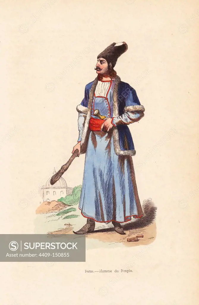 Persian man in fur hat, fur-lined jacket, tunic, carrying a cudgel and dagger. Handcoloured woodcut by Mercier after an illustration by H. Hendrickx from Auguste Wahlen's "Moeurs, Usages et Costumes de tous les Peuples du Monde," Librairie Historique-Artistique, Brussels, 1845. Wahlen was the pseudonym of Jean-Francois-Nicolas Loumyer (1801-1875), a writer and archivist with the Heraldic Department of Belgium.