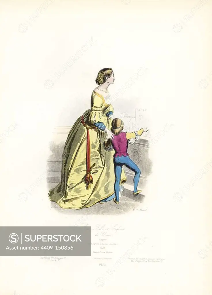 Young woman and child of Venice, after Guiseppe Gatteri from Storia Veneta, 1514. Handcoloured steel engraving by Polydor Pauquet from the Pauquet Brothers' "Modes et Costumes Etrangers Anciens et Modernes" (Foreign Fashions and Costumes Ancient and Modern), Paris, 1865. Hippolyte (b. 1797) and Polydor Pauquet (b. 1799) ran a successful publishing house in Paris in the 19th century, specializing in illustrated books on costume, birds, butterflies, anatomy and natural history.
