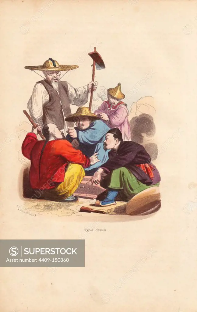 Typical Chinese men playing a game of dice, one man with pigtail, another in straw hat, one smoking a pipe, and a farmer in glasses holding an adze. Handcoloured woodcut by Pannemaker from Auguste Wahlen's "Moeurs, Usages et Costumes de tous les Peuples du Monde," Librairie Historique-Artistique, Brussels, 1845. Wahlen was the pseudonym of Jean-Francois-Nicolas Loumyer (1801-1875), a writer and archivist with the Heraldic Department of Belgium.