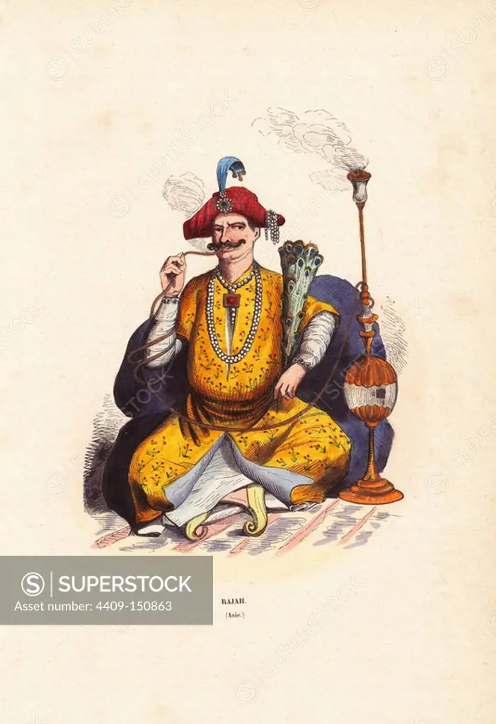 Indian rajah in bejeweled robes and hat, smoking a hookah pipe and holding a peacock feather fan. Handcoloured woodcut from Auguste Wahlen's "Moeurs, Usages et Costumes de tous les Peuples du Monde," Librairie Historique-Artistique, Brussels, 1845. Wahlen was the pseudonym of Jean-Francois-Nicolas Loumyer (1801-1875), a writer and archivist with the Heraldic Department of Belgium.