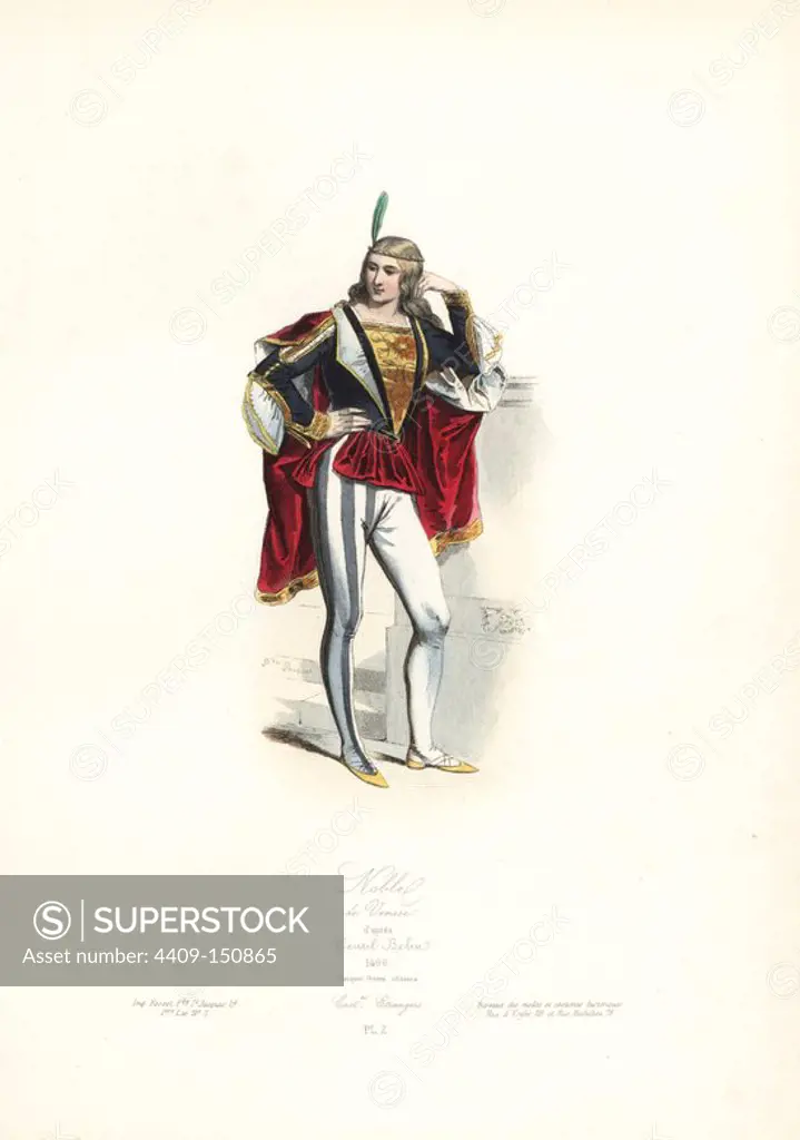 Nobleman of Venice, after Gentil Belin, 1496. Handcoloured steel engraving by Polydor Pauquet from the Pauquet Brothers' "Modes et Costumes Etrangers Anciens et Modernes" (Foreign Fashions and Costumes Ancient and Modern), Paris, 1865. Hippolyte (b. 1797) and Polydor Pauquet (b. 1799) ran a successful publishing house in Paris in the 19th century, specializing in illustrated books on costume, birds, butterflies, anatomy and natural history.