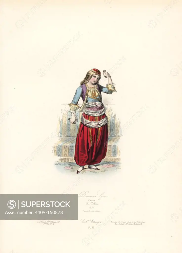 Greek dancing girl, 1827, after A. Colin. Handcoloured steel engraving by Hippolyte Pauquet from the Pauquet Brothers' "Modes et Costumes Etrangers Anciens et Modernes" (Foreign Fashions and Costumes Ancient and Modern), Paris, 1865. Hippolyte (b. 1797) and Polydor Pauquet (b. 1799) ran a successful publishing house in Paris in the 19th century, specializing in illustrated books on costume, birds, butterflies, anatomy and natural history.