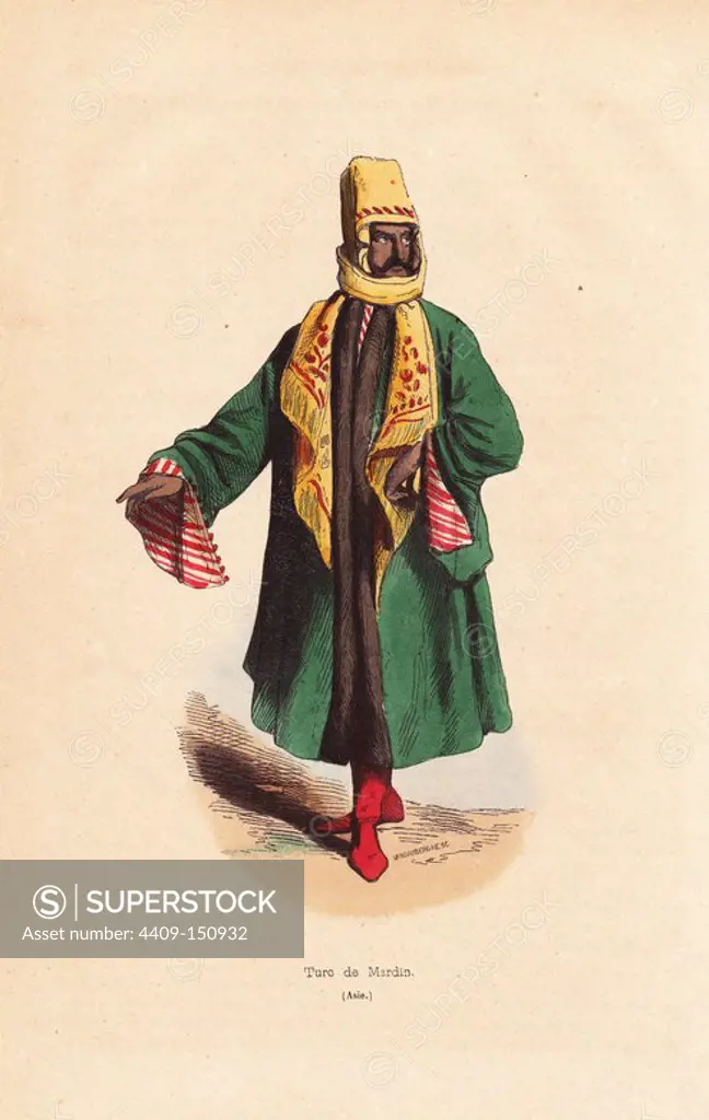 Man from Mardin, southeast Turkey, in embroidered scarf, fur-lined cape, red boots. Handcoloured woodcut by Vangauberche from Auguste Wahlen's "Moeurs, Usages et Costumes de tous les Peuples du Monde," Librairie Historique-Artistique, Brussels, 1845. Wahlen was the pseudonym of Jean-Francois-Nicolas Loumyer (1801-1875), a writer and archivist with the Heraldic Department of Belgium.