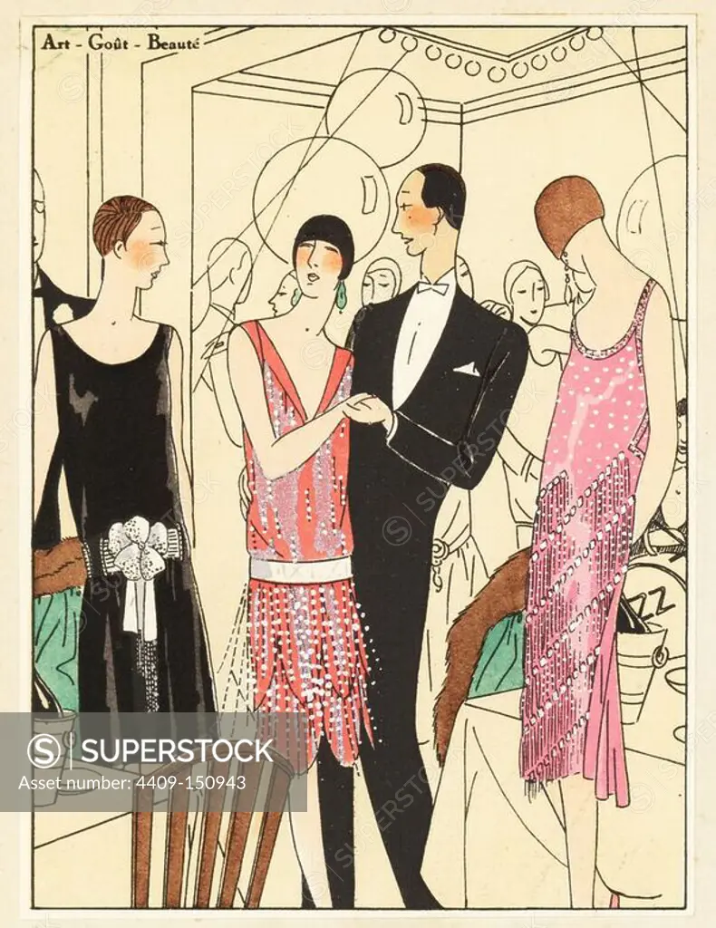Women in evening dresses: one in black velvet embroidered with diamonds, pink lame with pearls, and pink crepe georgine at a jazz party. Lithograph with pochoir (stencil) handcolour from the luxury French fashion magazine "Art, Gout, Beaute," 1926.