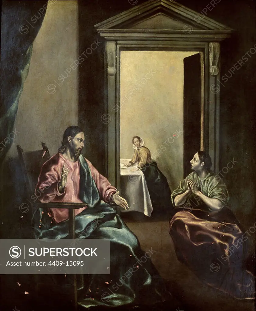 'Christ at the House of Martha and Mary', Oil on canvas, 93 x 76 cm, Inv. 2155. Author: JORGE MANUEL THEOTOCOPULI (1578/1631). Location: MUSEO LAZARO GALDIANO-COLECCION. MADRID. SPAIN. JESUS. MARTA DE BETANIA S I. MARIA DE BETANIA S I.