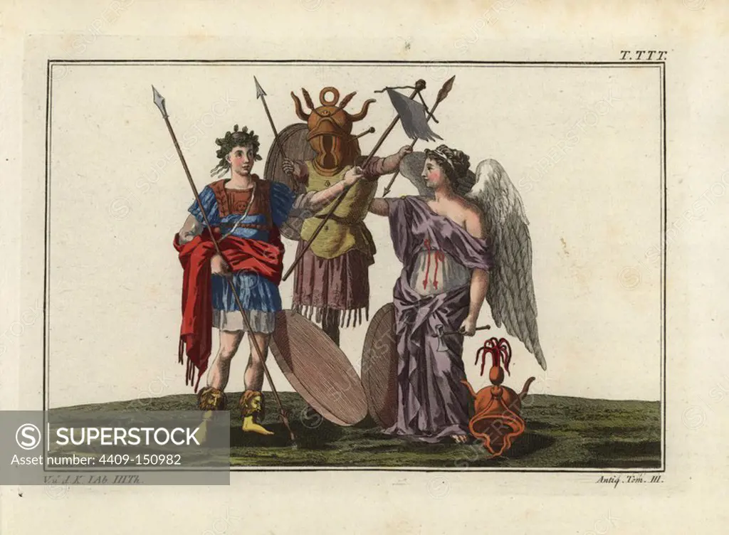 Roman military trophies and rewards with soldier and winged victory: helmets, spears, shields, and laurel wreath. Handcoloured copperplate engraving from Robert von Spalart's "Historical Picture of the Costumes of the Principal People of Antiquity and of the Middle Ages," Chez Collignon, Metz, 1810.