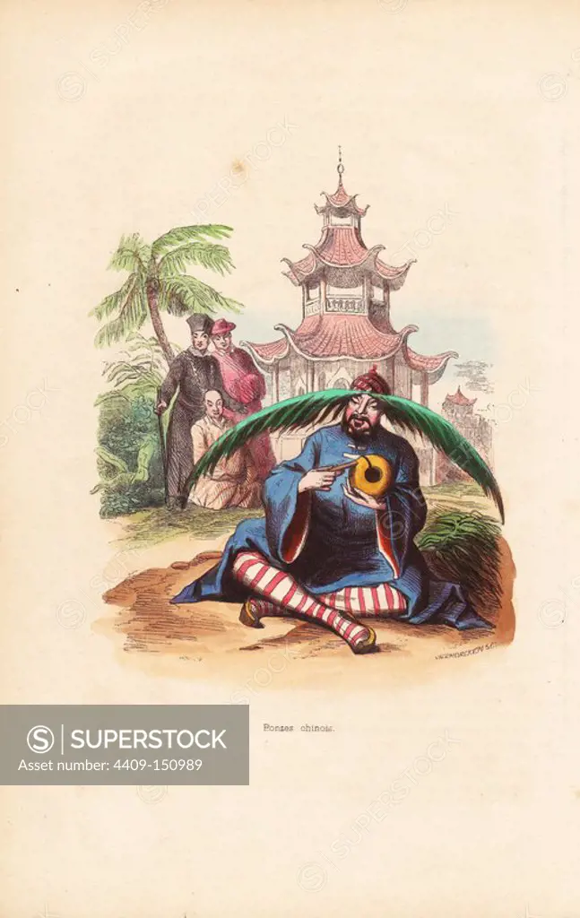 Chinese monk with palm leaf hat sitting in front of a pagoda. Handcoloured woodcut by Vermorcken after an illustration by H. Hendrickx from Auguste Wahlen's "Moeurs, Usages et Costumes de tous les Peuples du Monde," Librairie Historique-Artistique, Brussels, 1845. Wahlen was the pseudonym of Jean-Francois-Nicolas Loumyer (1801-1875), a writer and archivist with the Heraldic Department of Belgium.