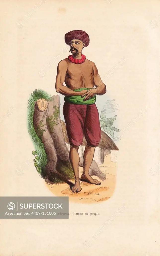 Common Indian man in short trousers, sash belt and turban. Handcoloured woodcut by Mercier from Auguste Wahlen's "Moeurs, Usages et Costumes de tous les Peuples du Monde," Librairie Historique-Artistique, Brussels, 1845. Wahlen was the pseudonym of Jean-Francois-Nicolas Loumyer (1801-1875), a writer and archivist with the Heraldic Department of Belgium.