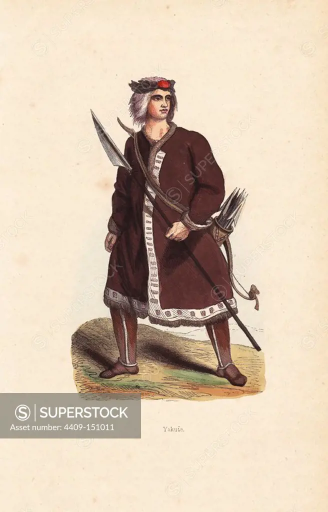 Yakut man wearing a fur-lined coat over trousers, with spear, bow and quiver of arrows. Handcoloured woodcut by Doms from Auguste Wahlen's "Moeurs, Usages et Costumes de tous les Peuples du Monde," Librairie Historique-Artistique, Brussels, 1845. Wahlen was the pseudonym of Jean-Francois-Nicolas Loumyer (1801-1875), a writer and archivist with the Heraldic Department of Belgium.