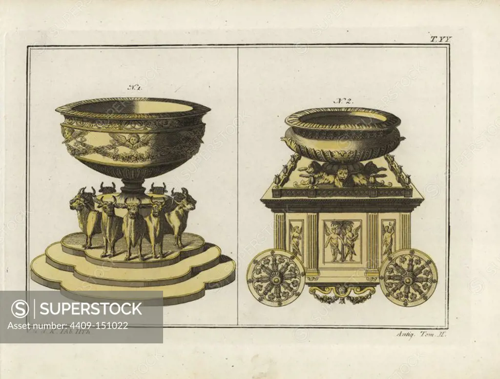 Molten sea from the Temple of Solomon, and lavoir (washing basin) of the Hebrews. Handcoloured copperplate engraving from Robert von Spalart's "Historical Picture of the Costumes of the Principal People of Antiquity and of the Middle Ages," Chez Collignon, Metz, 1810.
