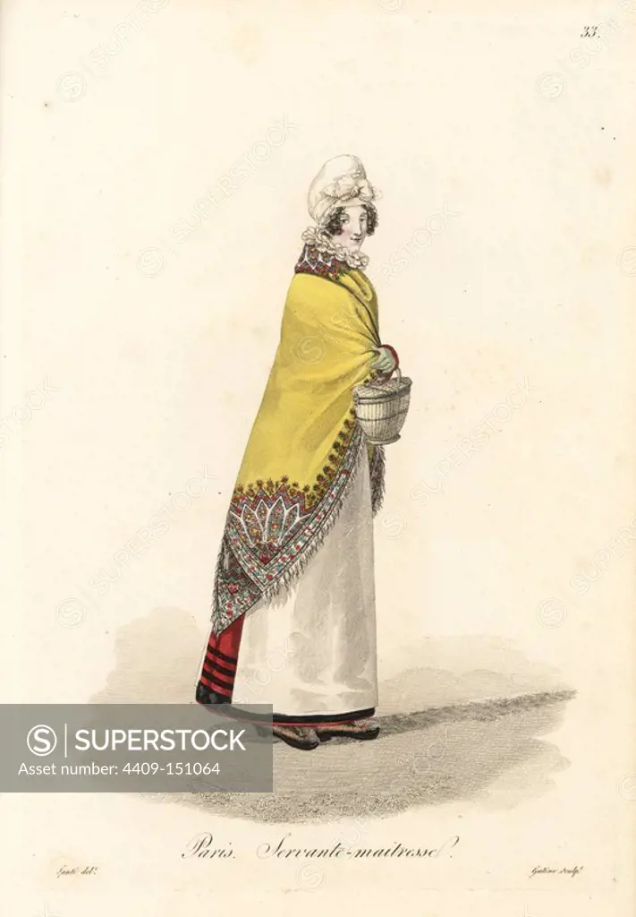 Servant mistress, Paris, early 19th century, in red striped petticoat, white apron and bonnet, with yellow embroidered shawl and straw basket. Handcoloured copperplate engraving by Gatine after an illustration by Louis-Marie Lante from "Ouvrieres de Paris" (Tradeswomen of Paris), Paris, 1823.