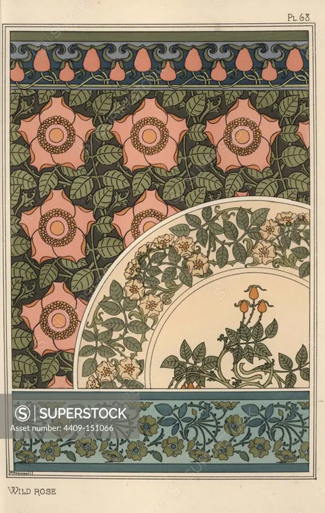 Wild rose in art nouveau patterns for wallpapers, borders and plates. Lithograph by M. P. Verneuil with pochoir (stencil) handcoloring from Eugene Grasset's Plants and their Application to Ornament, Paris, 1897. Eugene Grasset (1841-1917) was a Swiss artist whose innovative designs inspired the art nouveau movement at the end of the 19th century.