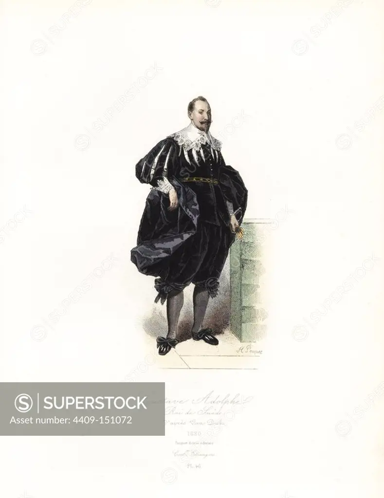 Gustavus Aldolphus, King of Sweden, after Sir Anthony Van Dyck, 17th century. Handcoloured steel engraving by Hippolyte Pauquet from the Pauquet Brothers' "Modes et Costumes Etrangers Anciens et Modernes" (Foreign Fashions and Costumes Ancient and Modern), Paris, 1865. Hippolyte (b. 1797) and Polydor Pauquet (b. 1799) ran a successful publishing house in Paris in the 19th century, specializing in illustrated books on costume, birds, butterflies, anatomy and natural history.