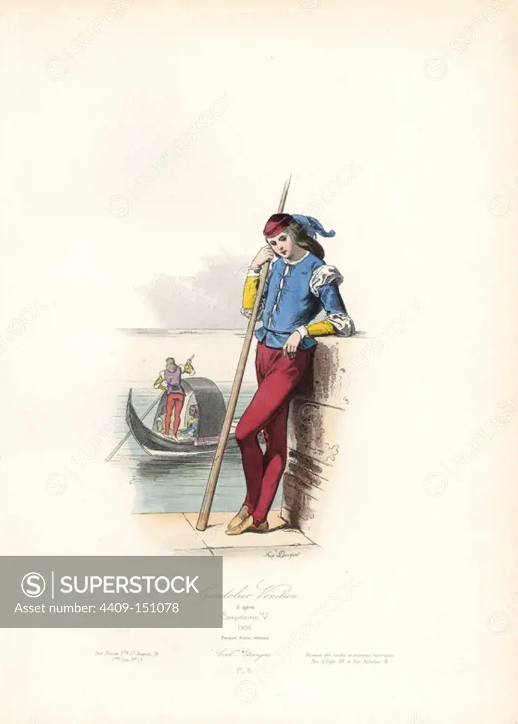 Venetian gondolier, after Vittorio Carpaccio, 1506. Handcoloured steel engraving by Hippolyte Pauquet from the Pauquet Brothers' "Modes et Costumes Etrangers Anciens et Modernes" (Foreign Fashions and Costumes Ancient and Modern), Paris, 1865. Hippolyte (b. 1797) and Polydor Pauquet (b. 1799) ran a successful publishing house in Paris in the 19th century, specializing in illustrated books on costume, birds, butterflies, anatomy and natural history.