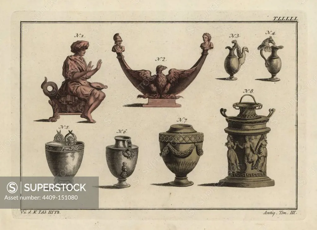 Roman oil lamps, altar, and vases. Handcoloured copperplate engraving from Robert von Spalart's "Historical Picture of the Costumes of the Principal People of Antiquity and of the Middle Ages," Chez Collignon, Metz, 1810.