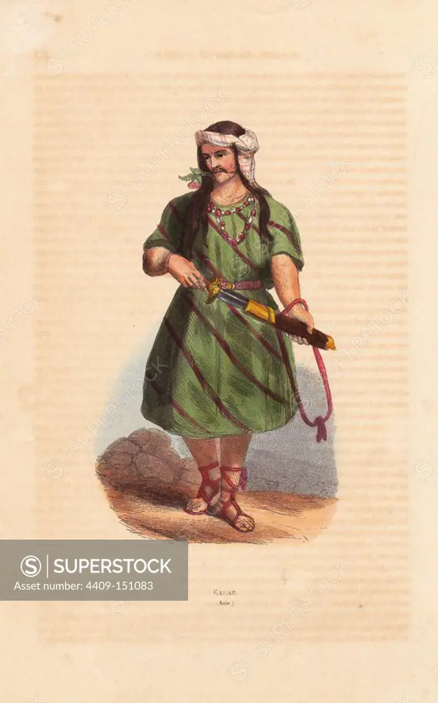Man of the Karen (Karian) tribe of southern Burma. Handcoloured woodcut from Auguste Wahlen's "Moeurs, Usages et Costumes de tous les Peuples du Monde," Librairie Historique-Artistique, Brussels, 1845. Wahlen was the pseudonym of Jean-Francois-Nicolas Loumyer (1801-1875), a writer and archivist with the Heraldic Department of Belgium.