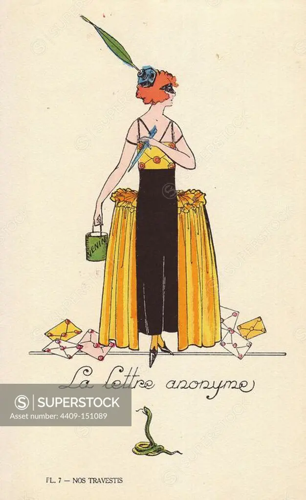 Woman in the anonymous letter (La Lettre anonyme) costume, with mask, inkwell hat, quill pen and envelope bodice. She carries a bucket of snake venom. Lithograph by unknown artist with pochoir stencil handcolouring from "Nos Travestis" (Our Fancy Dress Costumes), Paris, 1928.