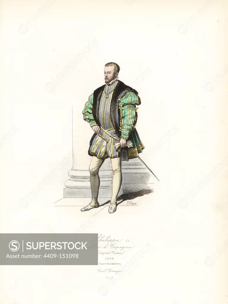 King Philippe II of Spain, after Titian, 1556. Handcoloured steel engraving by Polydor Pauquet from the Pauquet Brothers' "Modes et Costumes Etrangers Anciens et Modernes" (Foreign Fashions and Costumes Ancient and Modern), Paris, 1865. Hippolyte (b. 1797) and Polydor Pauquet (b. 1799) ran a successful publishing house in Paris in the 19th century, specializing in illustrated books on costume, birds, butterflies, anatomy and natural history.