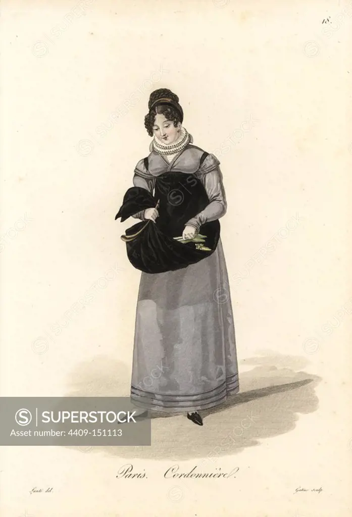 Female cobbler or shoe repairer, Paris, early 19th century, in grey dress with black apron, white collar, holding a shoe horn. Handcoloured copperplate engraving by Gatine after an illustration by Louis-Marie Lante from "Ouvrieres de Paris" (Tradeswomen of Paris), Paris, 1823.