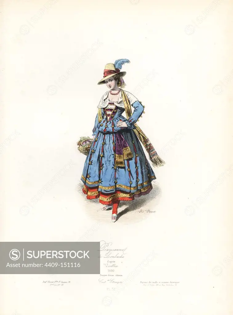 Female peasant of Lombardy, after Titian Vecellio, 1590. Handcoloured steel engraving by Polydor Pauquet from the Pauquet Brothers' "Modes et Costumes Etrangers Anciens et Modernes" (Foreign Fashions and Costumes Ancient and Modern), Paris, 1865. Hippolyte (b. 1797) and Polydor Pauquet (b. 1799) ran a successful publishing house in Paris in the 19th century, specializing in illustrated books on costume, birds, butterflies, anatomy and natural history.