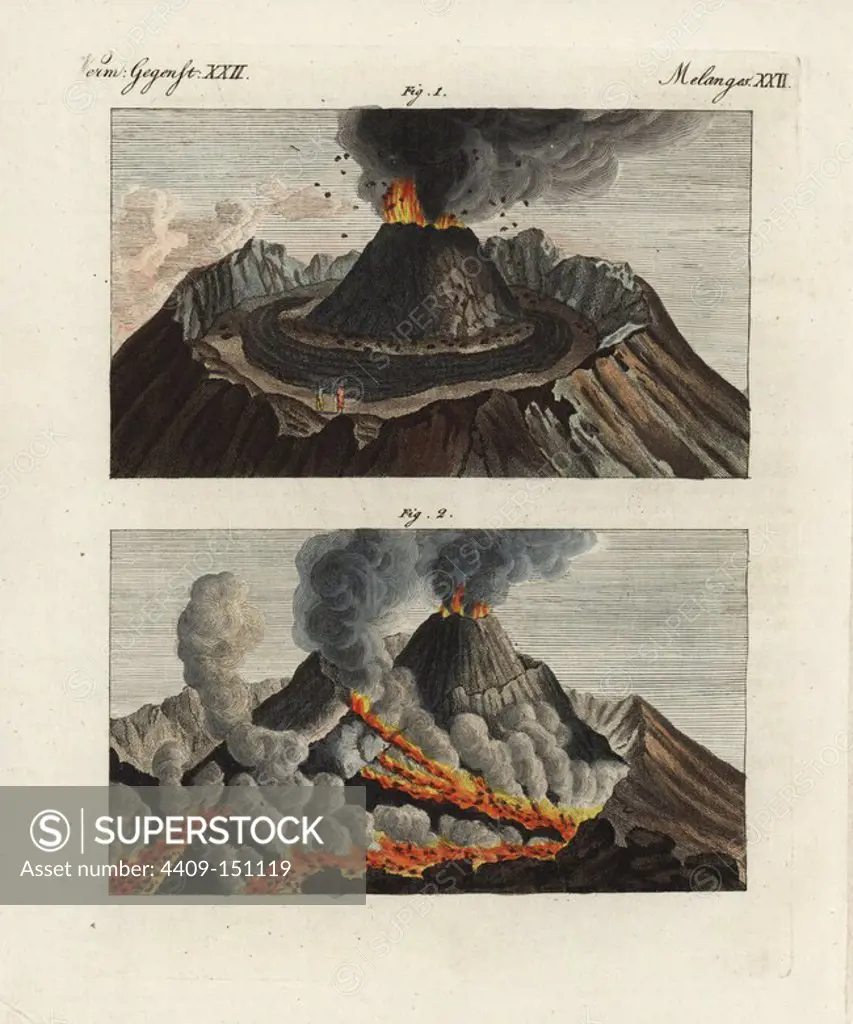 View of the crater of Mt. Vesuvius: the interior in 1751, and in 1775. Handcoloured copperplate engraving from Bertuch's "Bilderbuch fur Kinder" (Picture Book for Children), Weimar, 1798. Friedrich Johann Bertuch (1747-1822) was a German publisher and man of arts most famous for his 12-volume encyclopedia for children illustrated with 1,200 engraved plates on natural history, science, costume, mythology, etc., published from 1790-1830.